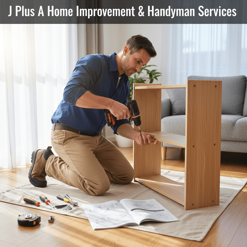 Handyman assembling furniture with instructions in a well-lit living room, tools nearby.