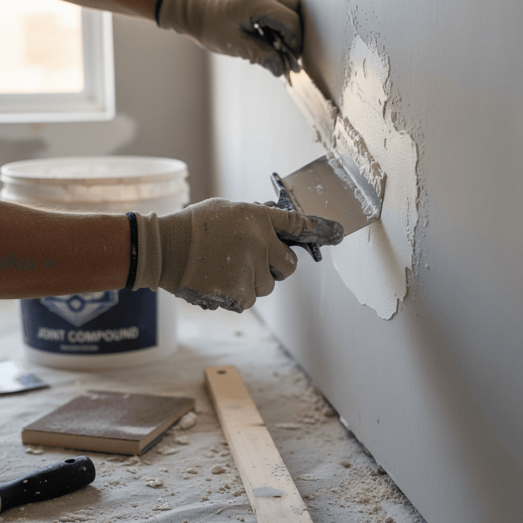 Tradesperson's hands expertly smoothing drywall patch with putty knife in professional home repair work