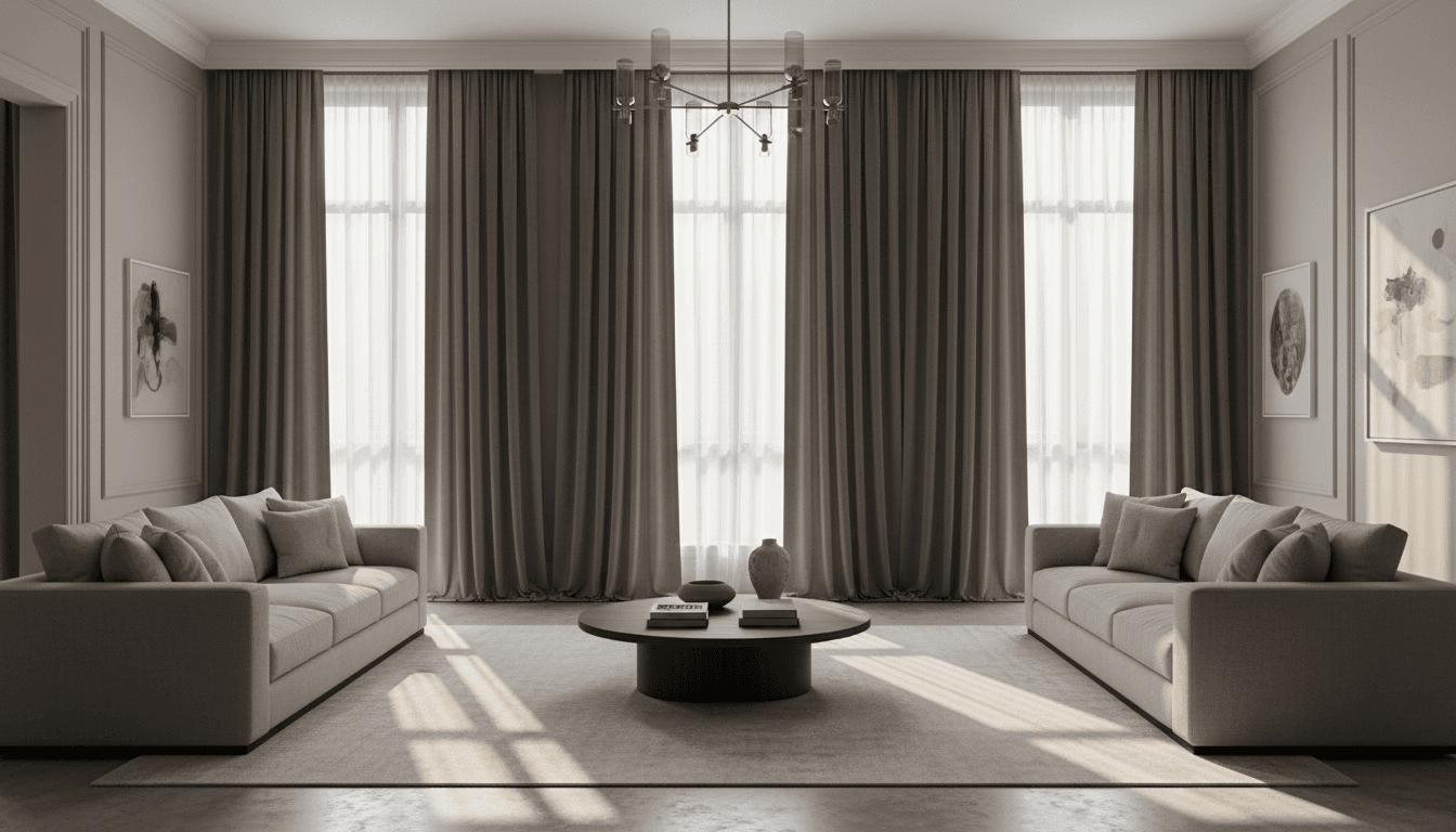 Elegant living room with floor-to-ceiling custom curtains filtering soft afternoon light through windows