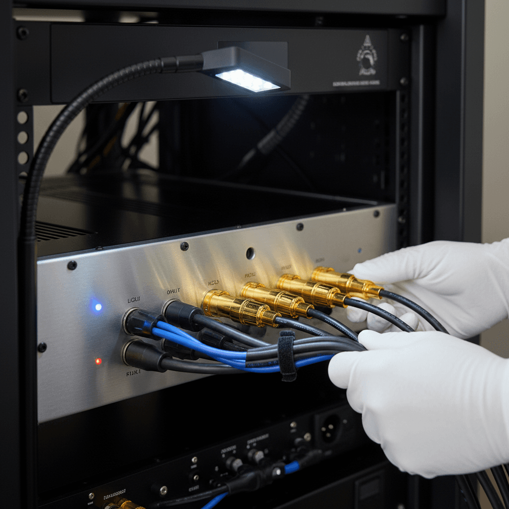 Close-up of technician's gloved hands connecting gold-plated XLR cables to premium audio amplifier in equipment rack